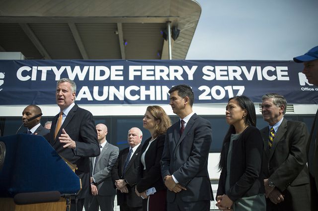 Mayor Bill de Blasio at a news conference by the East River on March 16th, 2016 announcing the arrival of ferry service that’s set to launch next year.